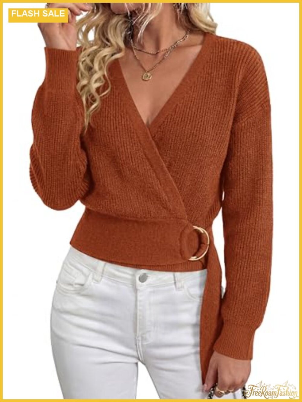 Women's Long Sleeve V-Neck Belted Chunky Knit Sweater with Buckle, Fall Winter